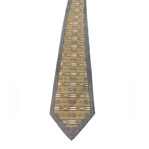 Gold City silk tie. Black/white checked edge with tan print in the center.  EUC